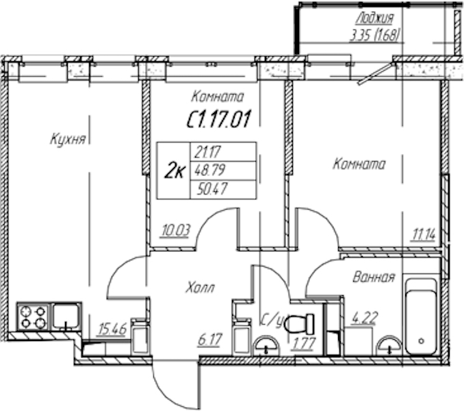 2-комнатная квартира 50.47 м², 17/22 эт., ЖК «Парк-квартал Юнтолово»